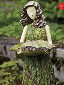 Green Vintage Country Forest Fairy Bird Feeder Outdoor Garden Statue, Resin Craft, Lawn Decoration, Woodland Decoration - Multicolor - View 6