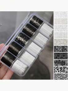 10 Rolls Lace Nail Foil Paper, Black & White Nail Transfer Foil Paper, Floral Nail Foil Paper, Holographic Nail Foil Paper, DIY Acrylic Nail Decal Stickers, Nail Art Supplies - Multicolor - View 8
