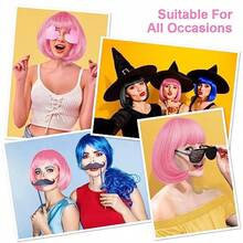 DShort Bob Wig For Women Ago With 2 Hairnets Colored Straight Wigs With Bangs Neon Colorful Synthetic Wig Natural As Real Hair Funny Costume Wigs For Halloween Party Anime Cosplay - Pink - View 6