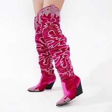 Women's Over-The-Knee Cowboy Boots, Rhinestone Embroidery, Western Style, Wide And Loose Fit, High-Top Boots, Memory Foam Insole, 3-Inch Chunky Heel - 紫紅色 - 查看 6