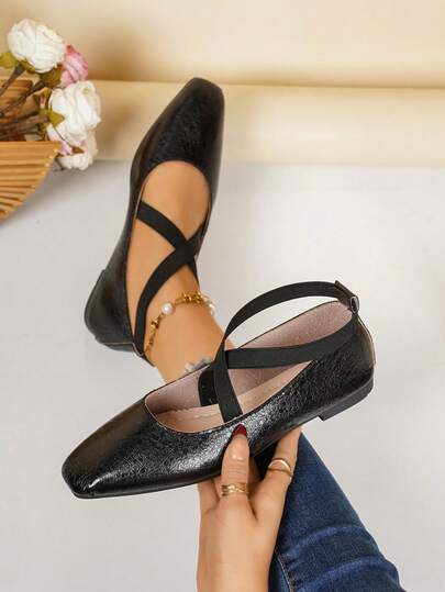 1 par de zapatos de ballet de punta cuadrada con efecto de cuero patentado negro y cruzado retro, de moda primavera 2026 para mujer, talla grande, ligeros y cómodos
