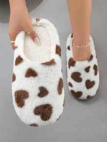 Lindas zapatillas de casa/interiores de fondo suave y cálido con diseño de corazón para damas, para otoño/invierno - Café integral - Ver 3