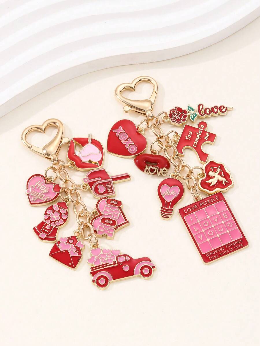 1pc Valentine's Day Rose Red Accessory DIY Keychain, Creative Heart-Shaped Rose Flower Love Letter Drip Oil Alloy Charm, Versatile Bag/Car Keyring, Holiday Gift - Multicolor - View 1