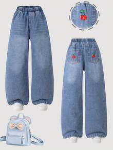 女童宽松喇叭牛仔裤，饰有樱桃刺绣，适合青少年女孩的休闲裤，春秋季款 - 淺色水洗藍 - 查看 2