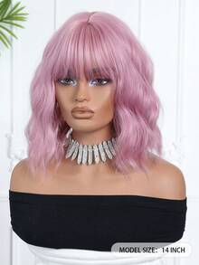 1顶女士短款波浪合成假发，冷棕色直发，带短刘海，14英寸长，适合日常佩戴，自然逼真，是万圣节、圣诞节、新年、狂欢节、音乐节、角色扮演和其他场合的理想之选，是送给女孩的绝佳礼物，也是夏季毕业礼物、乔迁礼物、万圣节和圣诞节礼物的完美选择。 - 粉色 - 查看 4