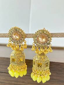 Elegant Vintage Exotic Style Earrings, Golden Bell Pendant, Hollow Pendant Design, Inlaid Crystal, Suitable For Women's Daily Wear - Jhumka - View 9