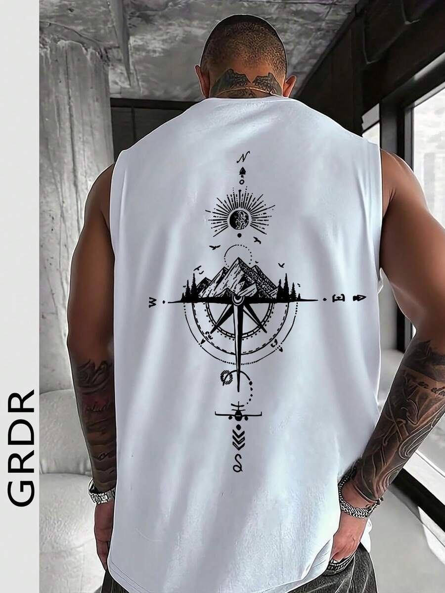 GRDR 男士夏季指南针和山峰印花休闲无袖背心 - 白色 - 查看 1