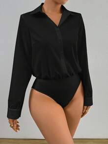 Elegant Women's White Long Sleeve Jumpsuit - Fashionable Lapel Button, Machine Washable, Opaque - Suitable For All Seasons, Women's Solid Color Long Sleeve Bodysuit, New Year - Black - View 8