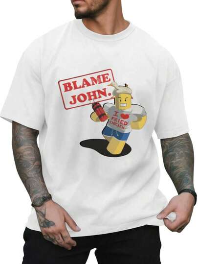 Camiseta Shedletsky Blame John Forsaken para hombres y mujeres - Logo de videojuego y diseño de personaje icónico, camiseta casual suave y cómoda para fanáticos de los juegos, ropa coleccionable con estilo de arte en bloques (blanca)