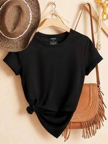 Women's Basic Solid Color Short Sleeve Crew Neck Pure Cotton T-Shirt, Slim Fit Casual Daily Top, Sizes S-XXXL, Soft Breathable Comfortable Tee, Lightweight Summer Fashion Essential, Easy To Match, Classic Style, High-Quality Cotton Fabric, Suitable For All Seasons,  Basic Top For Women - 黑色 - 查看 4