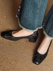 Handmade Comfortable Women's Shoes, Round Toe Slip-On Bow Decor Soft Bottom Flat/High Heel Ballet Flats, New Spring/Autumn 2026 Collection - Black - View 3