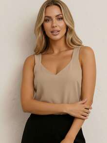 Women's Tank Top With Wide Straps, Viscose Linen, V-Neck – Basic, Cool And Elegant For Summer - Beige - View 2