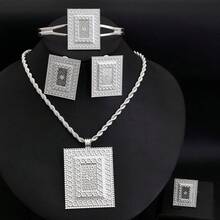 4pcs Dubai Eritrean Silver Color Jewelry Set, Includes Square Pendant Necklace, Ring, Earrings, Bracelet With Floral Pattern, Elegant Jewelry Gift For African & Middle Eastern Women Wedding - Silver - View 1