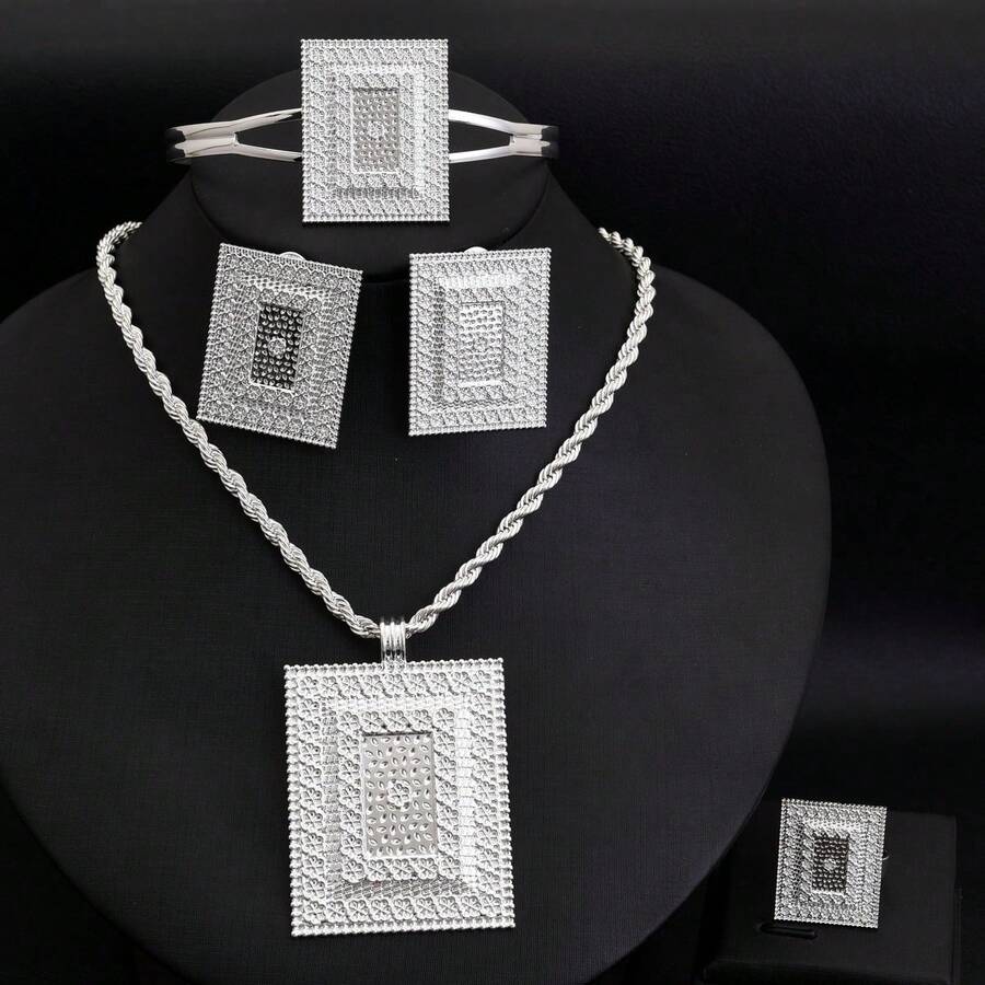 4pcs Dubai Eritrean Silver Color Jewelry Set, Includes Square Pendant Necklace, Ring, Earrings, Bracelet With Floral Pattern, Elegant Jewelry Gift For African & Middle Eastern Women Wedding - Silver - View 1