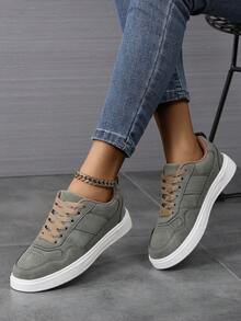 Women's Casual Sports Shoes, Color Block Design, Popular Pink Campus Style, Comfortable & Breathable - Army Green - View 4