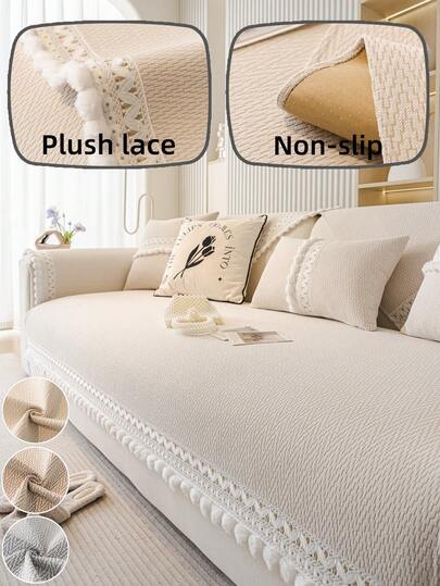 1 件毛绒花边沙发套，防滑防尘防刮沙发巾，豪华沙发保护套，装饰沙发套，适用于客厅、卧室、书房、办公室、汽车、所有季节