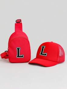 2pcs Kids Red 26 Letter Personalized Sponge Mesh Cap Set, Fashionable Cool Breathable Sunshade Hollow Design Baseball Cap & Compact Lightweight Versatile Pouch, Gift Set, Suitable For 5-8 Years Old Boys & Girls Casual, School, Travel In Spring/Summer - Red - View 8