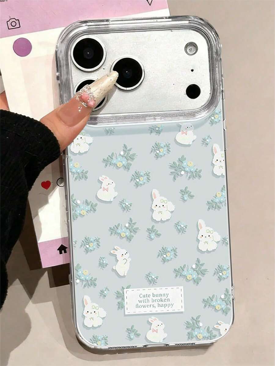 Cute Floral Rabbit Phone Case, Compatible With IPhone 17 Pro Max, 16 Pro Max, 15 Pro Max, 14 Pro Max, 13 Pro Max, 12 Pro Max, 17 Pro, 16 Pro, 15 Pro, 14 Pro, 13 Pro, 12 Pro, 16, 15, 14, 12, 13, 11, Fashionable Soft Shock-Proof Protective Back Cover