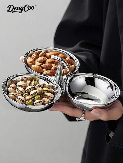 Dengcoo 1pc Stainless Steel Snack Dish, Snack Tray, Nut Tray, Fruit Tray, Dessert Bowl, Three Headed Snack Bowl, For Home, Party, Picnic