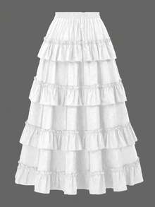 Vintage American High-Waisted Ruched Ruffled Hem Skirt, Asymmetrical Layered Mid-Length Skirt, Y2K Goth Slim Fit Skirt, Spring/Summer Asymmetrical Ruched Gothic Style Skirt White - White - View 2