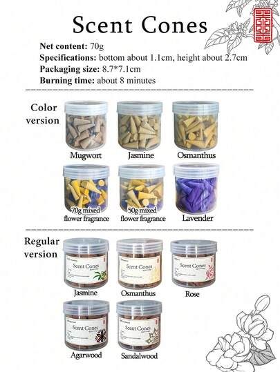 70g, Approx. 110pcs, Natural Agarwood Incense Cones, No Additives, Cone-Shaped Incense, Sandalwood, Jasmine, Rose, Osmanthus, Elegant Fragrance, Suitable For Offering, Home Use, Space Purification, Deodorizing, Meditation, Yoga, Prayer, Also A Exquisite Gift.