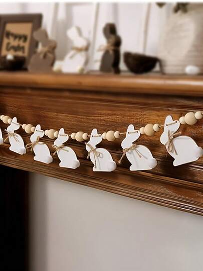 Wooden Easter Bunny Beaded Garland, Easter Bunny Wreath With Wooden Beads, Easter Decor Wreath, Suitable For Hanging On Fireplace, Wall, Home, Office, School Indoor And Outdoor Decoration, Spring Decor, Valentine's Day, Thanksgiving, Mother's Day, Easter, Birthday Gift