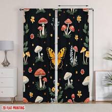 Blackout Curtains - Whimsical Mushroom & Floral Print On Black Background, Machine Washable Rod Pocket Drapes For Bedroom, Living Room, Kitchen, Balcony - Contemporary Home Decor, Natureinspired Design,  Peach Skin Curtains, Single-Sided Printed, Polyester Material, Easy To Clean And Maintain, Soft And Comfortable, Perfect For Living Room, Bedroom, Balcony, Study Room, Kitchen, Rod Pocket Curtains, Enhance The Sense Of Happiness At Home, Perfect For Christmas, Halloween, And Thanksgiving Decorations(Rod Not Included) - 款式 18(2 片) - 查看 7