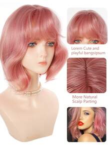 12英寸粉色波波头假发，带刘海，合成耐热假发，外观自然，适合女性日常、派对和角色扮演使用，粉色、棕色、黑色可选。 - 彩色 - 查看 3
