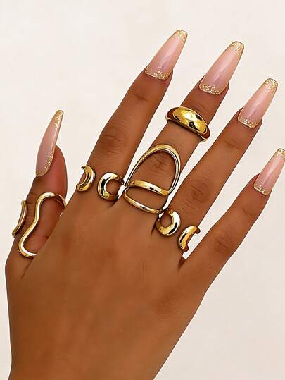 5件套复古几何圆形开口戒指和不对称液体戒指套装，时尚首饰套装，适合女性，适合节日、派对和日常佩戴。