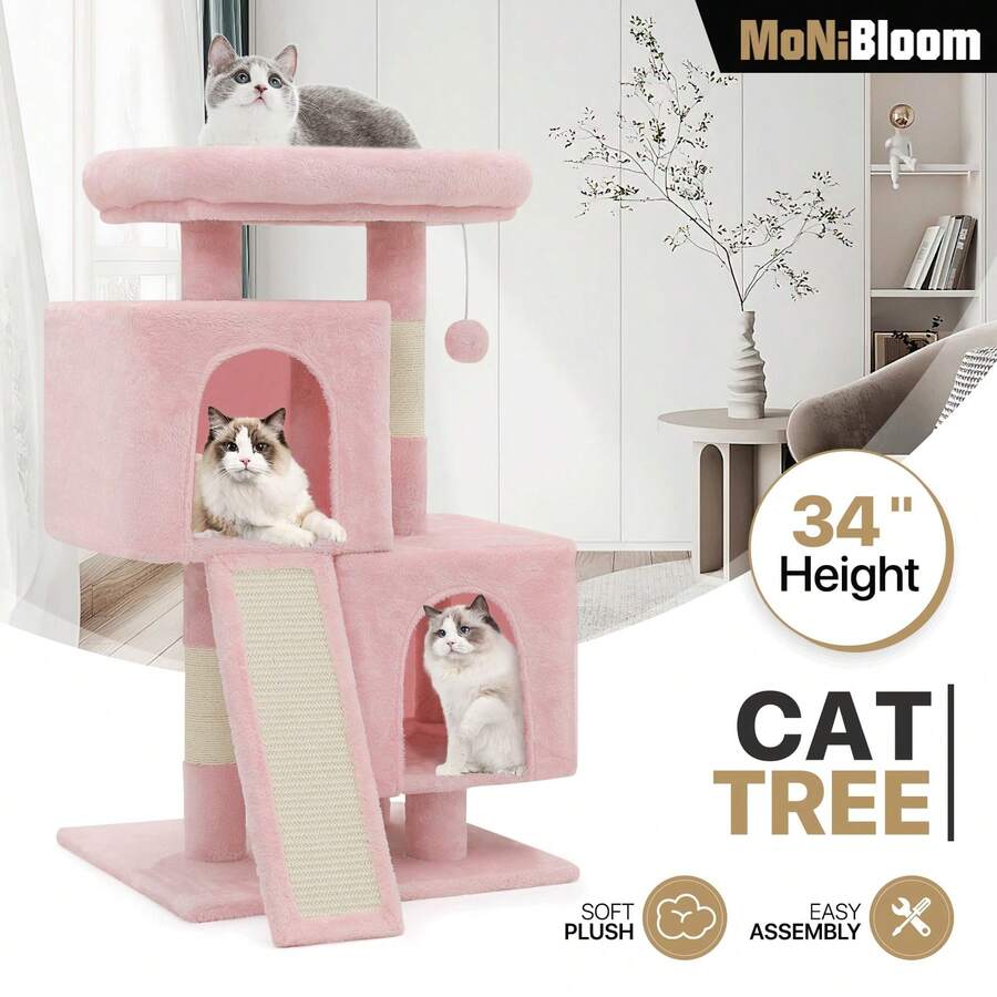 Cat Tree, 34 Inch Cat Tree Tower With 2 Cat Condo, Cat Tower With Scratching Post & Sisal-Covered Scratching Board, Cat Climbing Tower, Cat Tree For Indoor Cats - Baby Pink - View 1