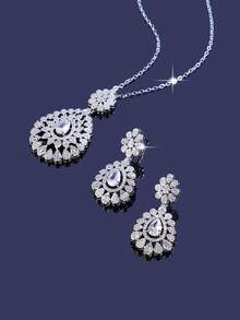 Bộ trang sức cưới sang trọng 3 món đính đá Zirconia, bao gồm dây chuyền và bông tai, thích hợp cho cô dâu. - trắng - Xem 21