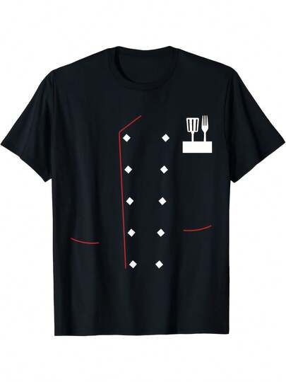 Men Chef Uniform Jacket Black Red Culinary Apparel With Knife Spoon Design Faux Chef Coat For Cooking Comfortable Short Sleeve All-Season Shirt Machine Washable Professional Casual Wear For Chefs Cooking Classes Restaurants Everyday Outdoor Activities Retro Style Adult Men Fashion With Round Neck Regular Fit Ideal For Culinary Events Everyday Use Men Size S-3XL