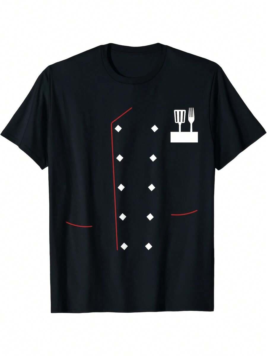 Men Chef Uniform Jacket Black Red Culinary Apparel With Knife Spoon Design Faux Chef Coat For Cooking Comfortable Short Sleeve All-Season Shirt Machine Washable Professional Casual Wear For Chefs Cooking Classes Restaurants Everyday Outdoor Activities Retro Style Adult Men Fashion With Round Neck Regular Fit Ideal For Culinary Events Everyday Use Men Size S-3XL - 黑色 - 查看 1