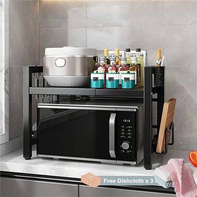 2/3-Tier Expandable Microwave Oven Rack Countertop With 4 Hooks, Includes A Chopstick Holder, Cutting Board Holder, And 3 Towels. Kitchen Storage And Organization; Adjustable From 40-64cm; Suitable For All Kitchens (Black, White).