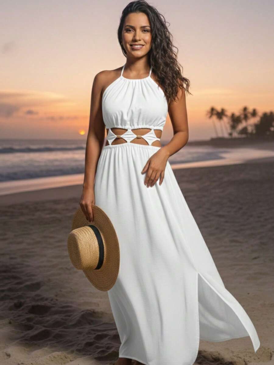 Women's Long Dress With Cutouts And Side Slit, Elegant And Premium Finish. Long Dress With Two Neckline Styles And Side Slit. Features Cutouts, A Slit, And A Tie At The Neckline. Elegant, Casual, Party, Split Fabric, Side Opening, Bare Back, Drawstring Tie. 2-In-1. Suitable For: Beach, Night, Garden, Photoshoot, Street, Birthday Party, Stage And Concert, Bachelorette Party, Travel, Vacation. - 白色 - 查看 1