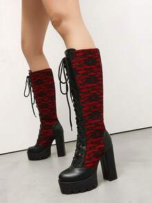 Women's Gothic Knee High Boots Lace Floral Goth Boots Lace Up Chunky Block High Heels Boots Round Toe Punk Platform Boots With Side Zipper Prom Vintage Cosplay Dress Shoes - 紅色 - 查看 4