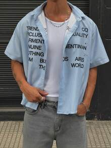 男士 Y2K 街头风撞色蓝白条纹字母印花衬衫，基础休闲外套 - 彩色 - 查看 3