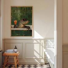 1幅复古鳄鱼沐浴海报 - 趣味浴室装饰，配有鸡尾酒杯，绿色瓷砖背景的复古浴室墙面艺术印刷品 - 适用于客厅、厨房、办公室的帆布画 - 乔迁礼物之选 - 无框浴室装饰，趣味艺术品，吸睛单品，家居装饰 - 彩色 - 查看 4