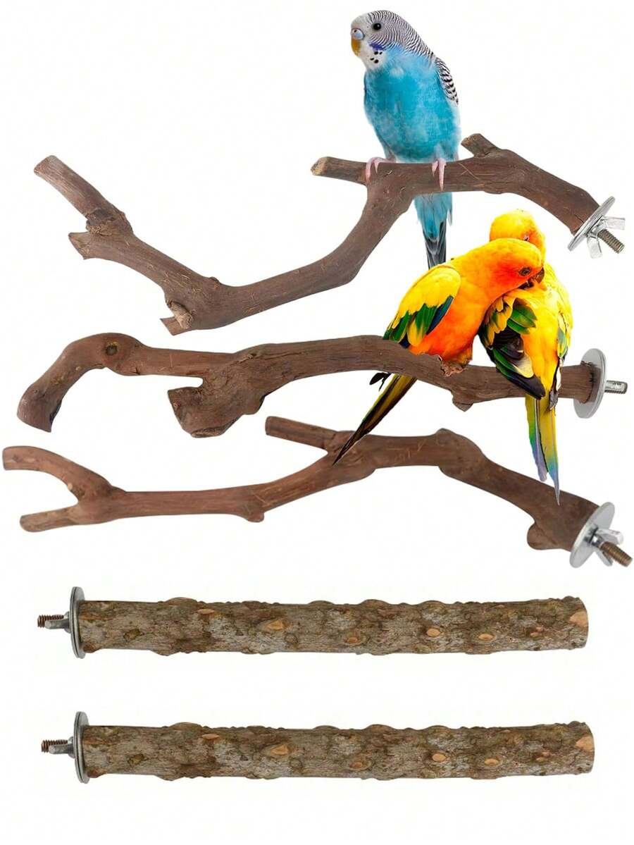 5件套鸟栖架套装，天然木质鹦鹉栖架，3根葡萄木栖架，2个支架，磨爪器，虎纹鹦鹉磨牙棒，训练枝，适用于玄凤鹦鹉、小型和中型鸟类