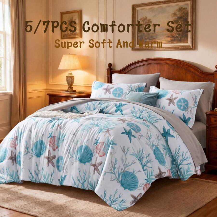 5/7pcs Starfish Shell Printed Bed Comforter Set, 100% Microfiber Soft Breathable Winter Bedding Set, Comfortable And Durable, Include 1 Comforter+1 Flat Sheet+1 Fitted Sheet+1/2 Pillowcases+1/2 Pillowshams,All-Season, Bed In A Bag,Best Christmas Gift - Blue-bZ15 - View 1