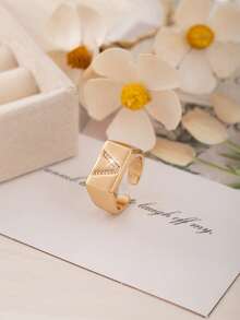 1pc Luxury Initial Open Ring, A-Z Letter Block Design With Cubic Zirconia, Adjustable Fashion Ring For Girl & Teens, Gift For Friends - Gold - View 26