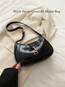 1pc Retro Minimalist Hook Decor Adjustable Shoulder Strap Crescent Shape Bag, Suitable For Date, Outing, Party , Small Bags - Black - View 8