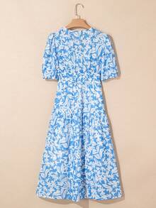 Sky Blue Floral V-Neck Puff Sleeve Flowy Dress, Summer Vacation Elegant - Blue - View 4