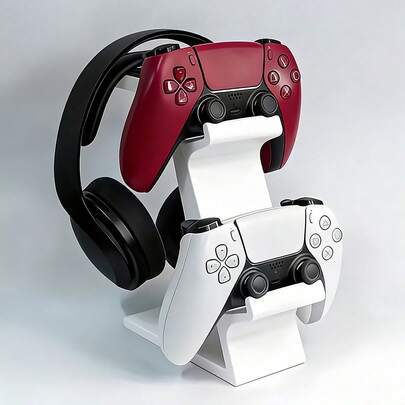Suport universal 3 în 1 pentru controler de joc și suport pentru căști, poate ține 2 controlere de joc și 1 căști simultan, economisește spațiu pe birou, suport durabil pentru depozitarea căștilor, potrivit pentru jucători și utilizatori zilnici, divertisment pentru jocuri și configurare a spațiului de lucru, suport de depozitare pentru decorul desktopului pentru camera de jocuri