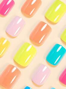 24 piezas de uñas postizas cuadradas cortas, en colores pastel multicolor: rosa, amarillo limón, turquesa, rosa sólido de moda, amarillo naranja, azul cielo. Uñas postizas de cobertura completa adecuadas para mujeres y niñas. Incluye 1 pegatina adhesiva y 1 tira de pegamento de gelatina mini. Surtido aleatorio. Suministros para uñas - Multicolor - Ver 3