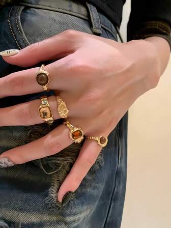 5-delars set med stapelbara ringar för kvinnor, geometriska vintagedesignade knogaringar, retro lyxiga eleganta högkvalitativa gamla pengar-stilar, bruna konstgjorda tigerögastenar, justerbar flytande metallkrinkelstruktur, lämplig för vardag, fest, present till henne