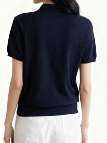 Damen marineblau einfarbiges Poloshirt mit kurzen Ärmeln, lässig und vielseitig, Wendepolokragen Sportliches Strickoberteil, Sommer - marineblau - Übersicht 2