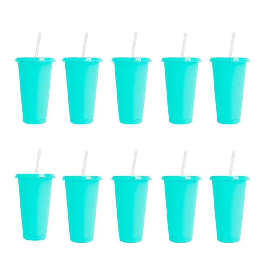 PromoClick Paquete de 10 Vasos de plástico transparente con tapa traslúcida. (Incluyen popote) Cap. 700 ml - verde menta - Ver 1