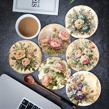 6pcs Set Insulated Wooden Coasters, French Vintage Pattern, Suitable For Home, Office And Party Drinks, Perfect Holiday Gift - Multicolor - View 1