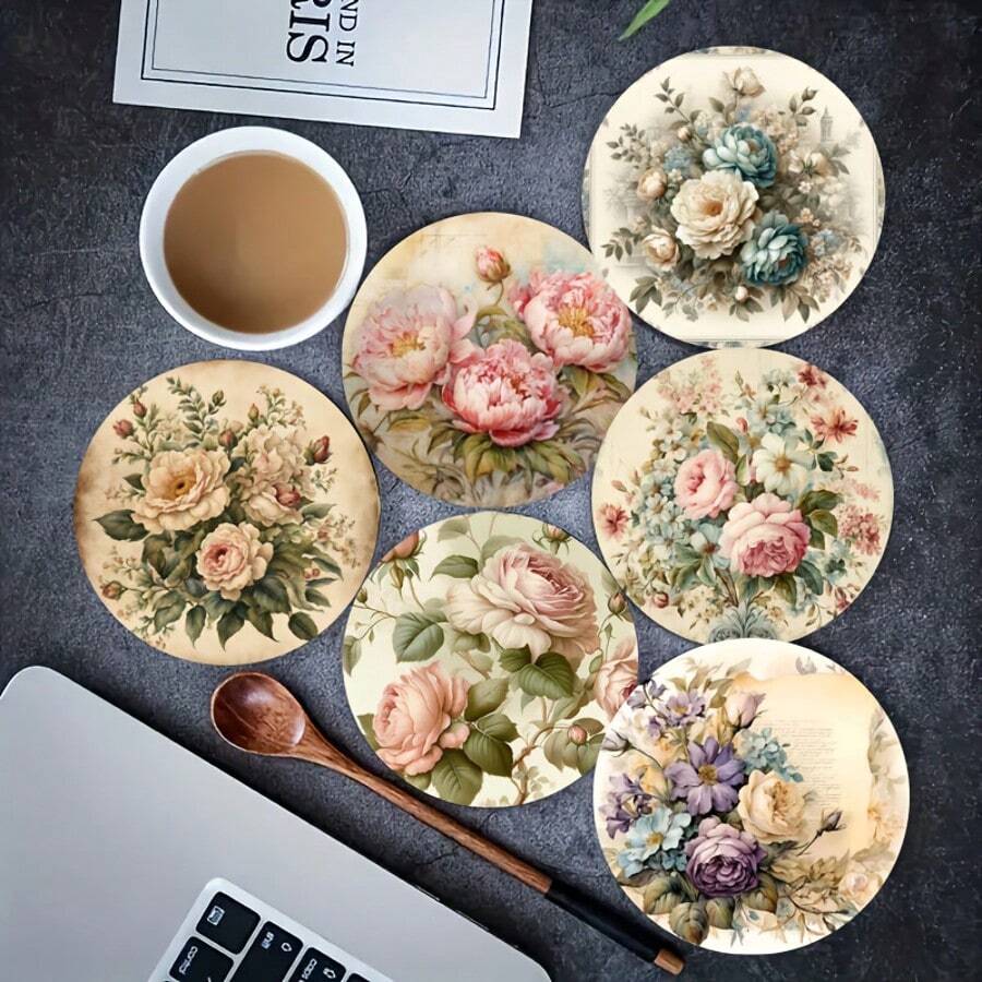 6pcs Set Insulated Wooden Coasters, French Vintage Pattern, Suitable For Home, Office And Party Drinks, Perfect Holiday Gift - Multicolor - View 1